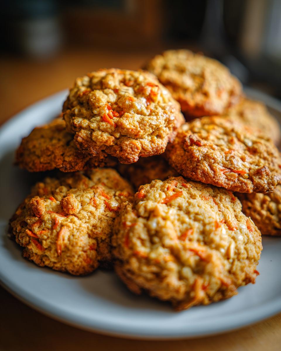 Close-up of a stack of freshly baked Carrot Cake Oatmeal Cookies on a plate.