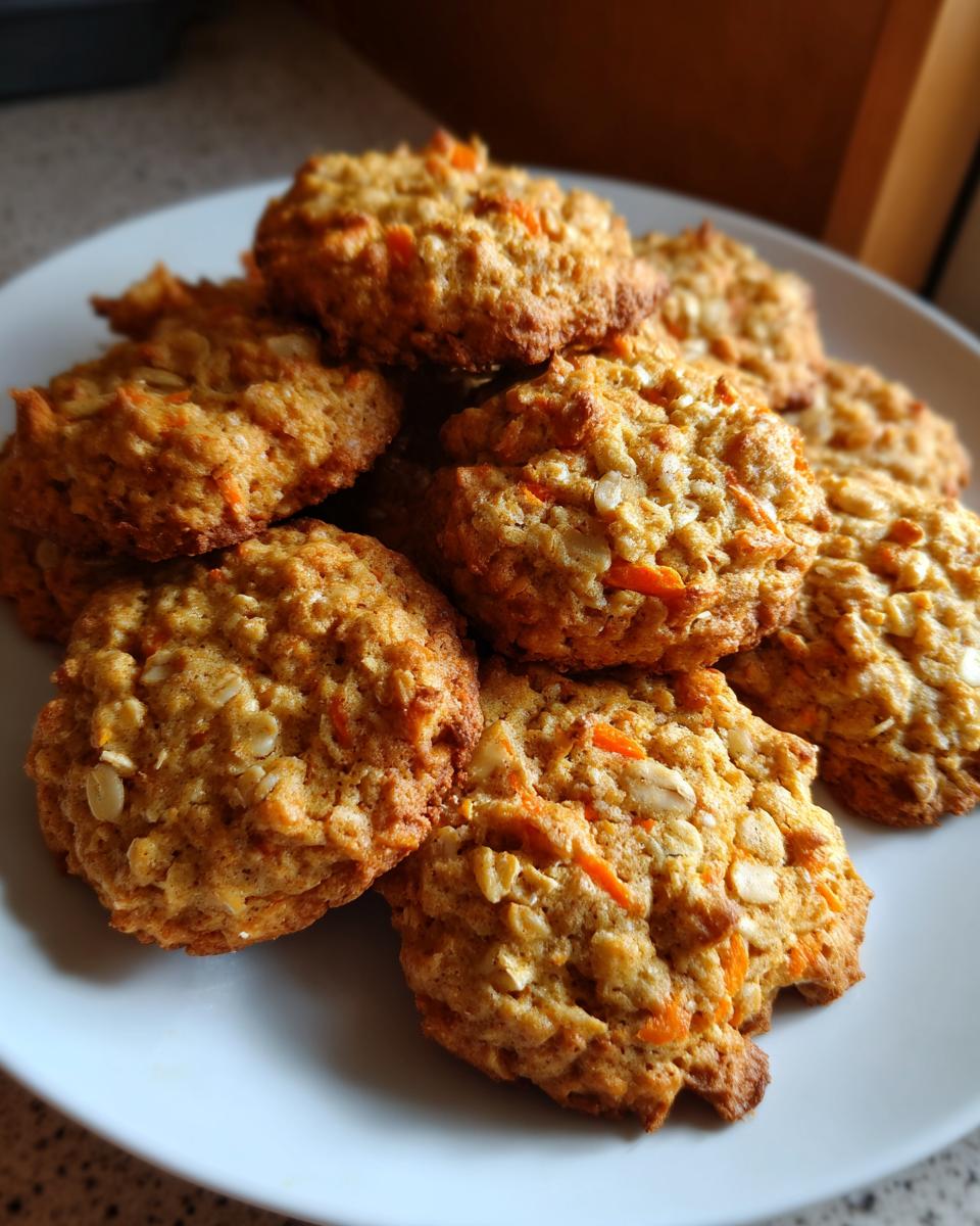 Close-up of a plate piled high with delicious Carrot Cake Oatmeal Cookies.