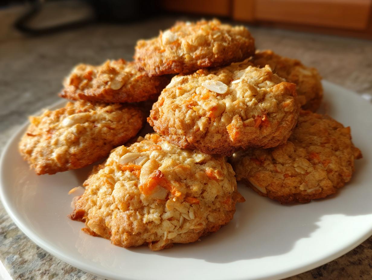 Pile of delicious Carrot Cake Oatmeal Cookies on a white plate, close-up shot.