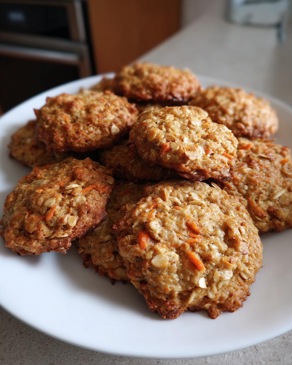 A plate piled high with delicious Carrot Cake Oatmeal Cookies, a perfect treat.