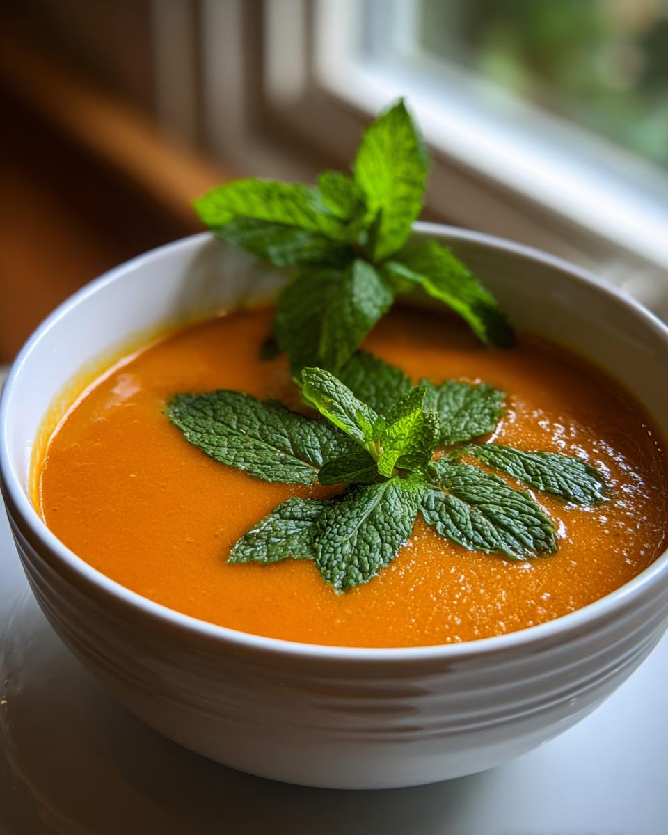Close-up of a bowl of Carrot Ginger Mint Soup garnished with fresh mint leaves.