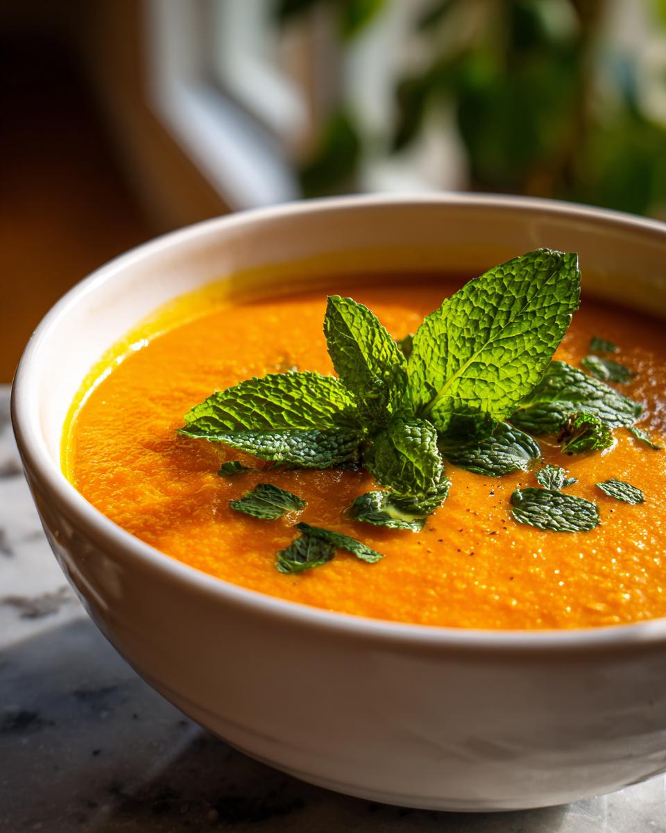 Close-up of a bowl of Carrot Ginger Mint Soup, garnished with fresh mint leaves.