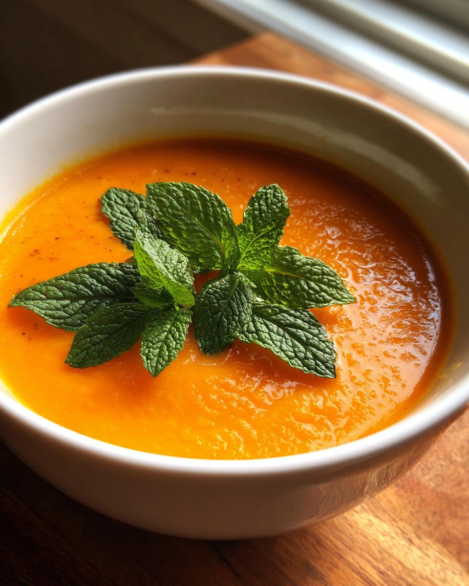 Close-up of a bowl of Carrot Ginger Mint Soup garnished with fresh mint leaves.