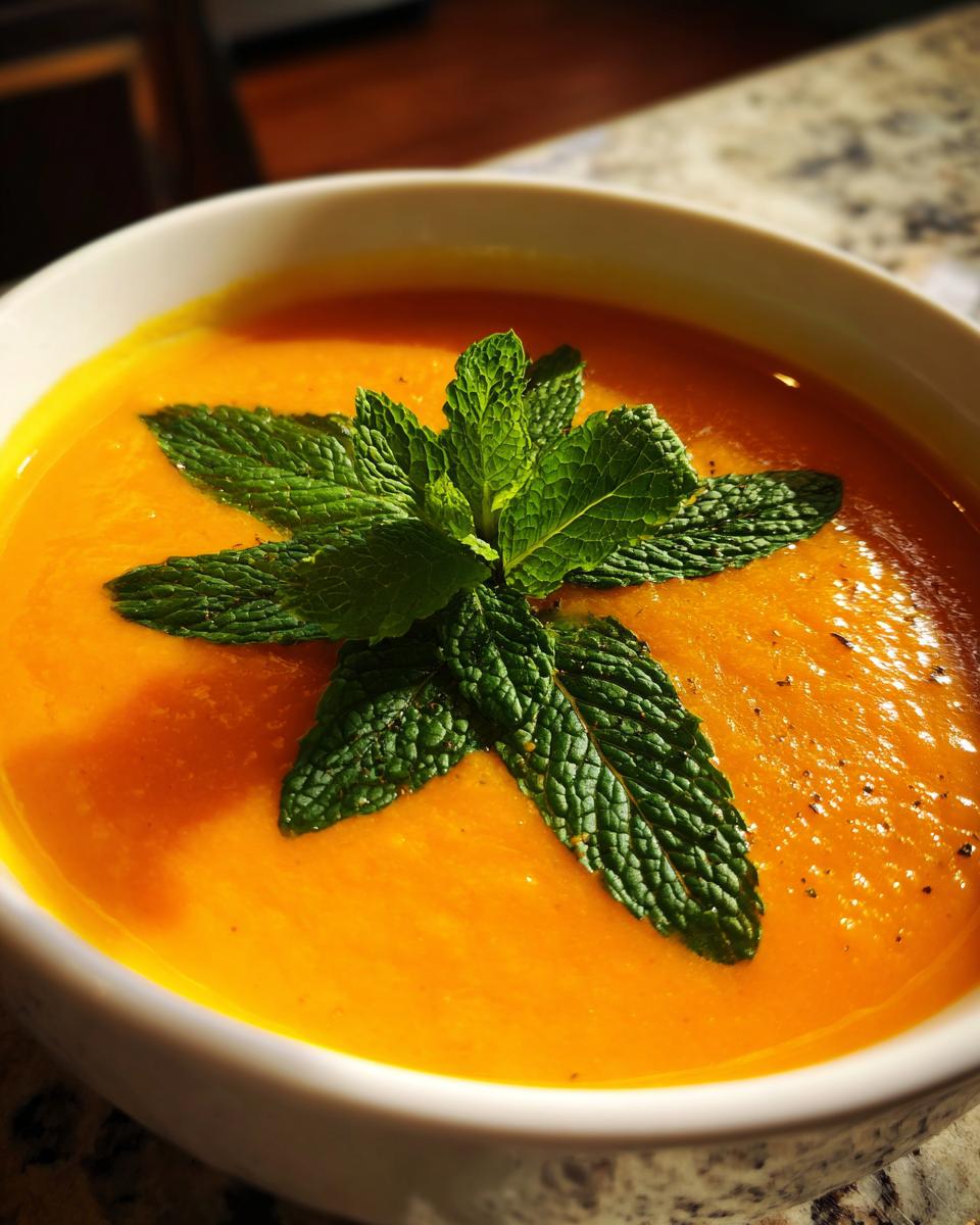 Close-up of a bowl of Carrot Ginger Mint Soup, garnished with fresh mint leaves.