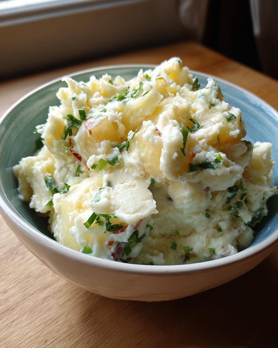 Close-up of a bowl filled with creamy Cheesy Colcannon Dip, garnished with fresh herbs.