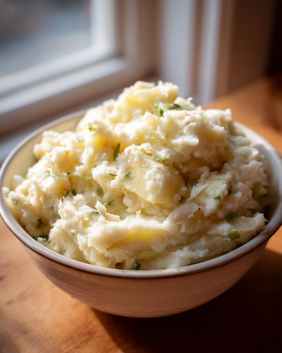 Close-up of a bowl of Cheesy Colcannon Dip, a creamy potato and cabbage appetizer.