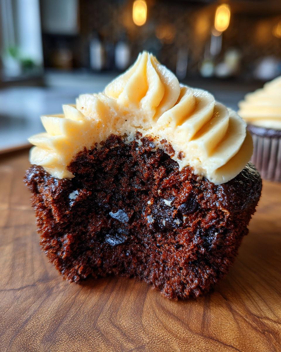 Close-up of a chocolate Guinness cupcake, cut in half, showing the moist cake and frosting.