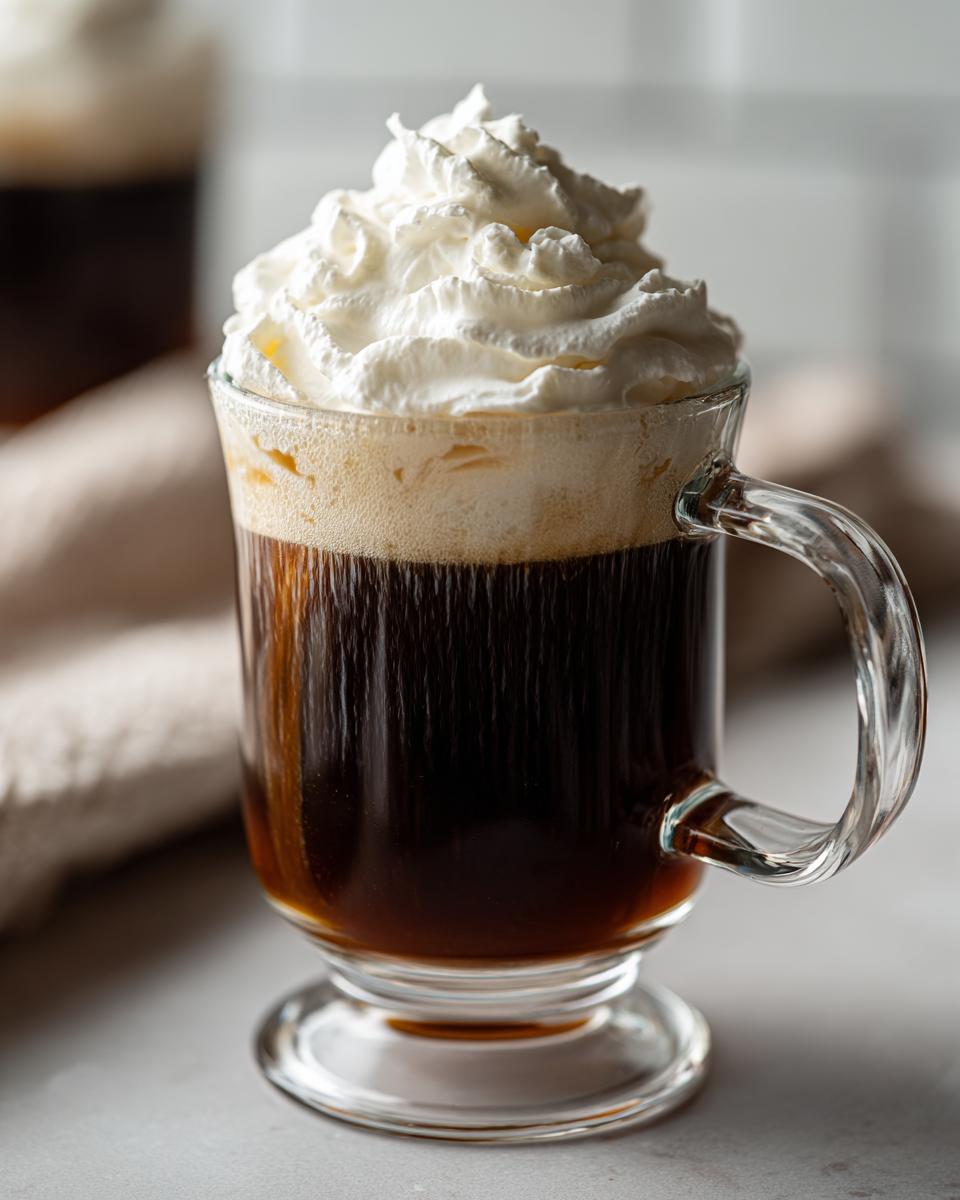 A glass of Classic Irish Coffee with a generous swirl of whipped cream.