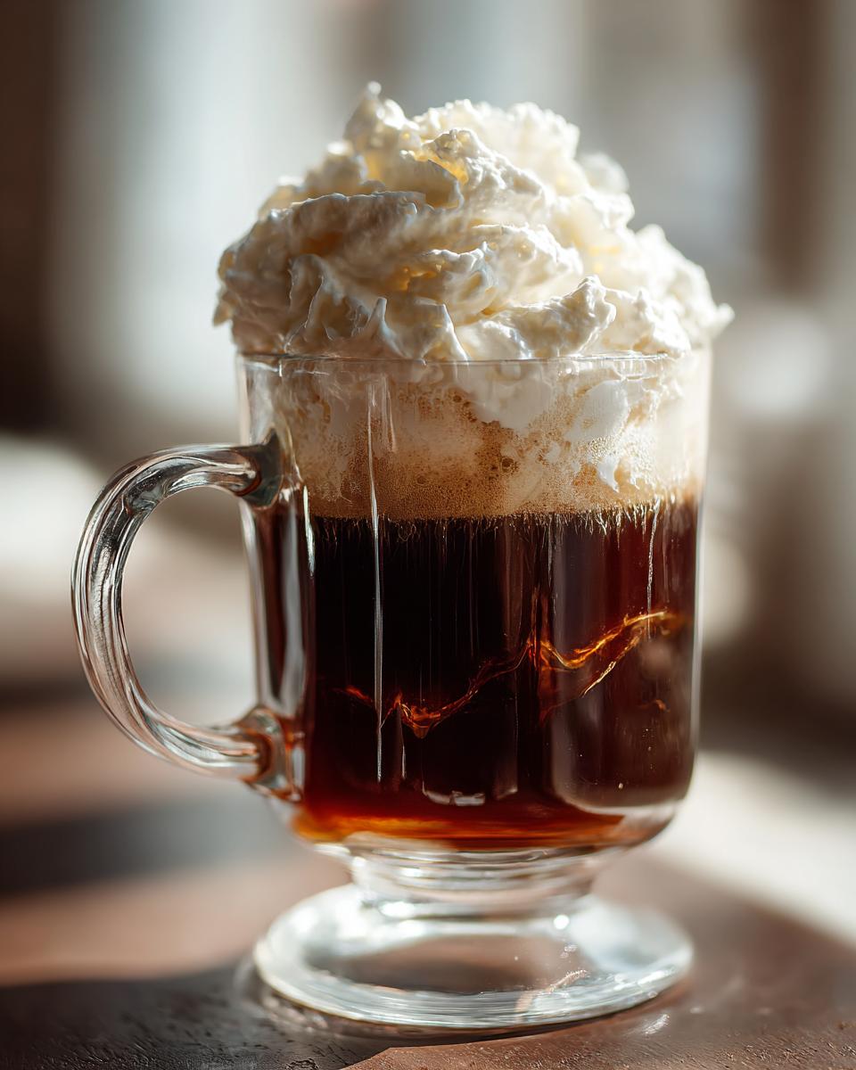 A glass of Classic Irish Coffee with whipped cream, a comforting drink.