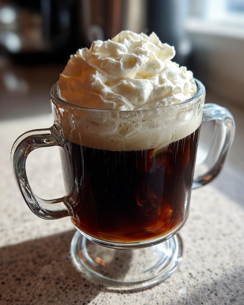 A glass of Classic Irish Coffee topped with a generous swirl of whipped cream.