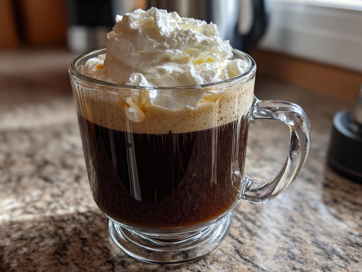 A glass of Classic Irish Coffee topped with a generous dollop of whipped cream.