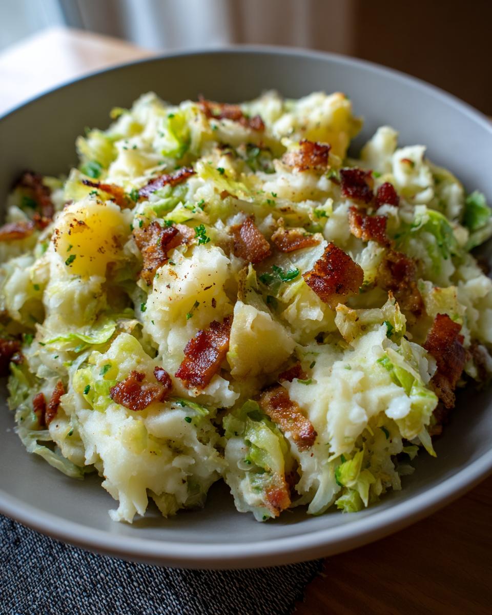 Close-up of a bowl of Colcannon Mashed Potato Skillet with cabbage and crispy bacon.