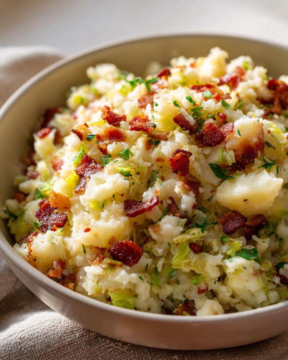 Close-up of a bowl of Colcannon Mashed Potato Skillet with cabbage and bacon.