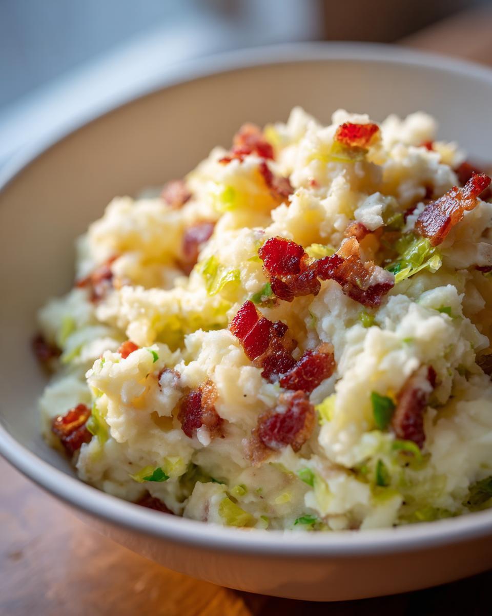 Close-up of a bowl of Colcannon Mashed Potato Skillet with bacon and cabbage.