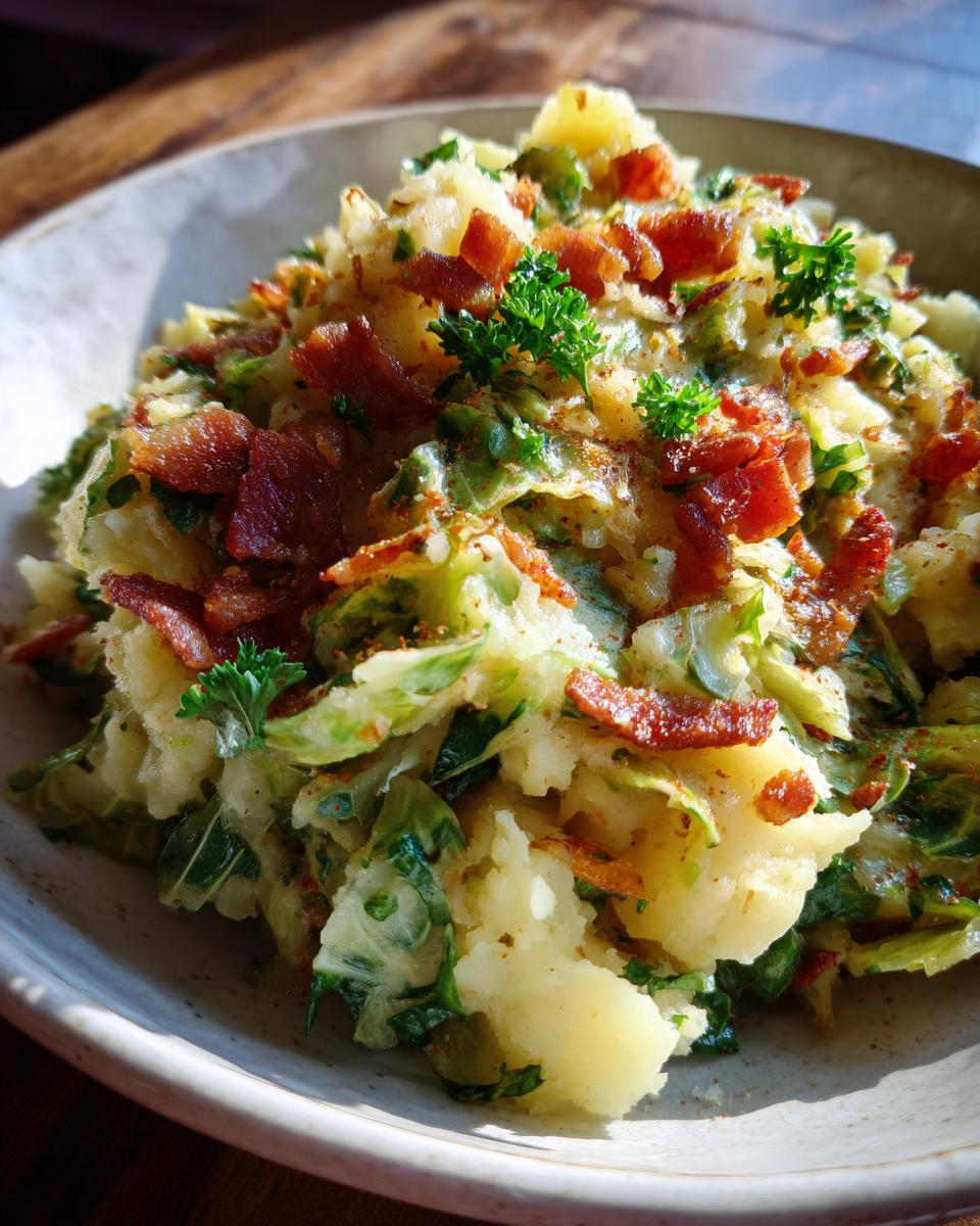 Close-up of a Colcannon Mashed Potato Skillet with bacon and greens.