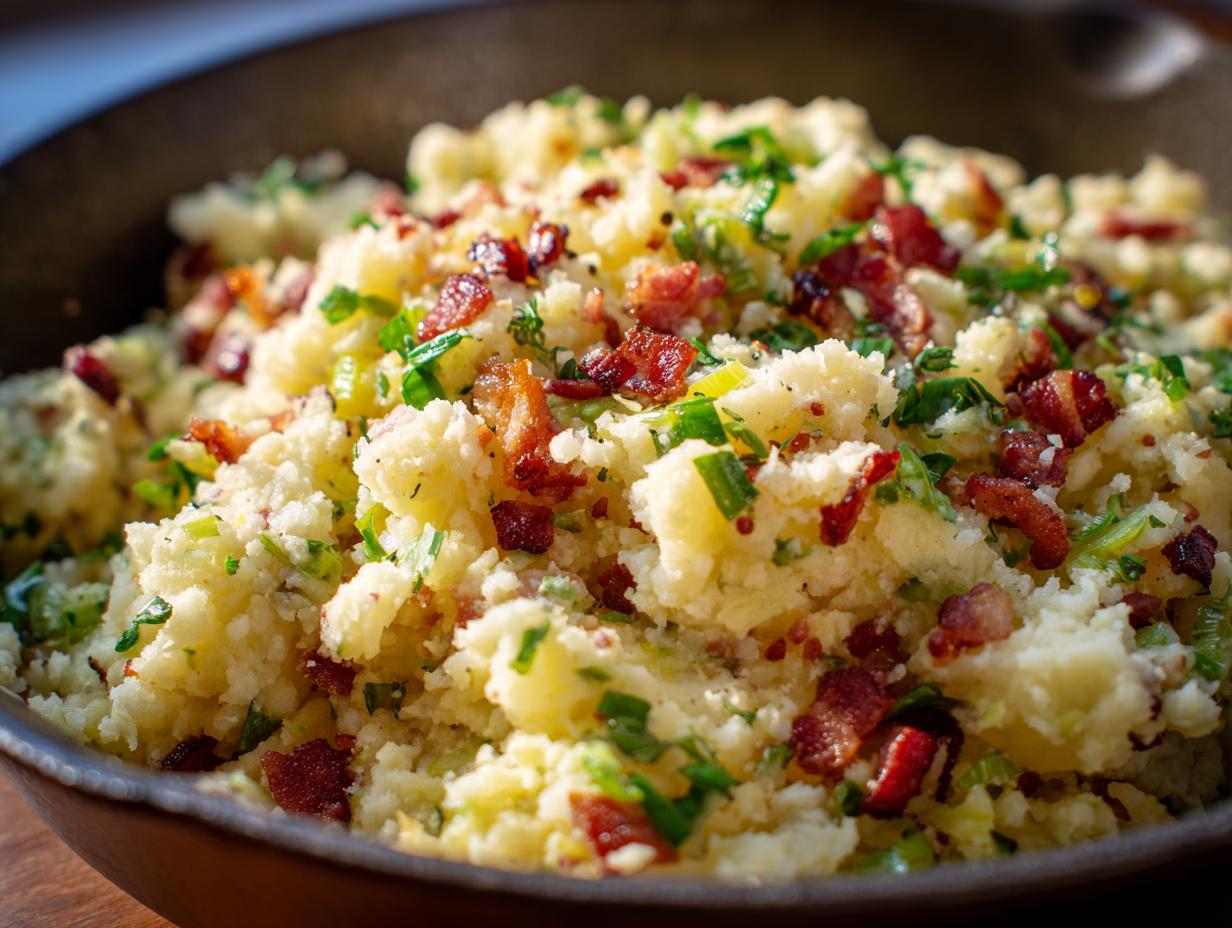 Close-up of a Colcannon Mashed Potato Skillet with bacon and herbs.