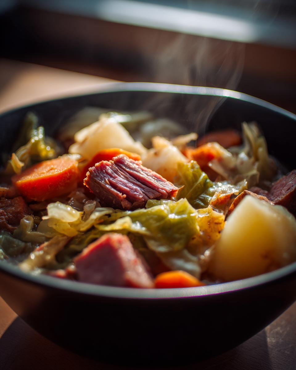 Close-up of a bowl of Corned Beef and Cabbage Stew with visible beef, cabbage, carrots, and potatoes.