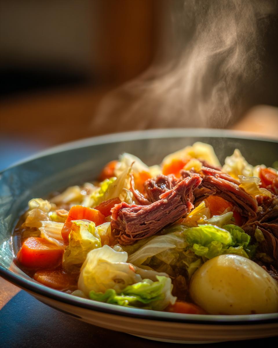 Close-up of a bowl of Corned Beef and Cabbage Stew, with steam rising.