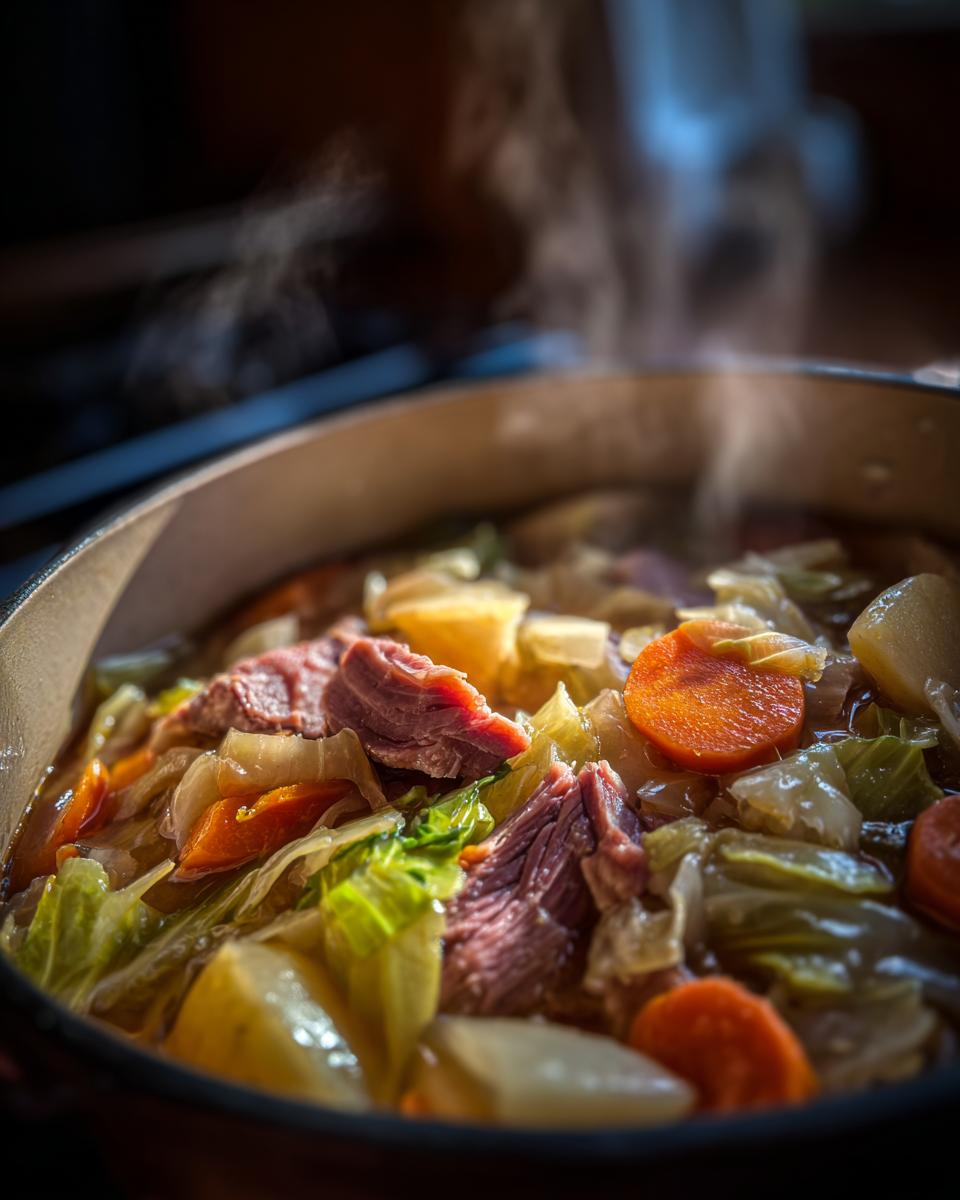 Close-up of steaming Corned Beef and Cabbage Stew with beef, cabbage, carrots, and potatoes.