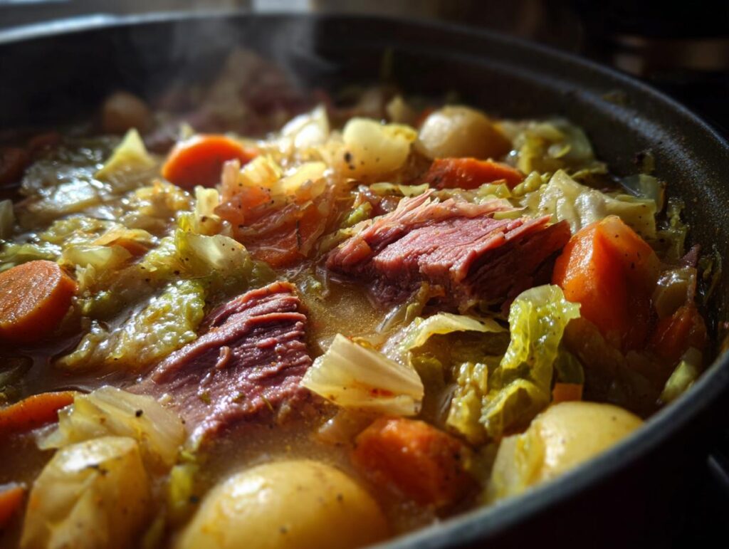 Close-up of a pot of Corned Beef and Cabbage Stew with carrots, potatoes, and cabbage.