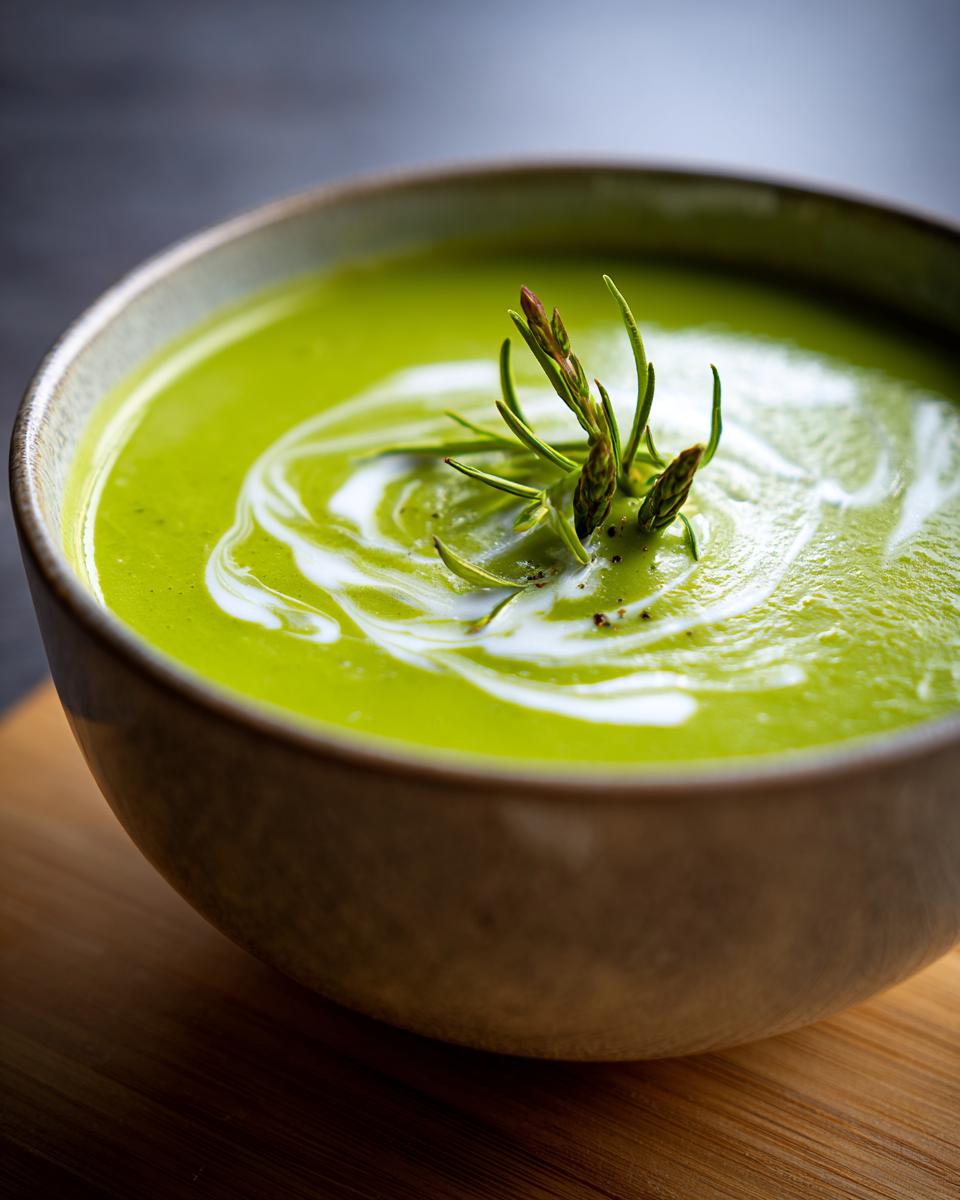 Close-up of a bowl of creamy asparagus soup, garnished with cream and asparagus tips.