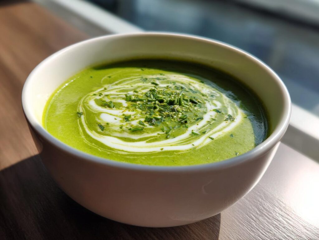 Close-up of a bowl of creamy asparagus soup garnished with cream and herbs.