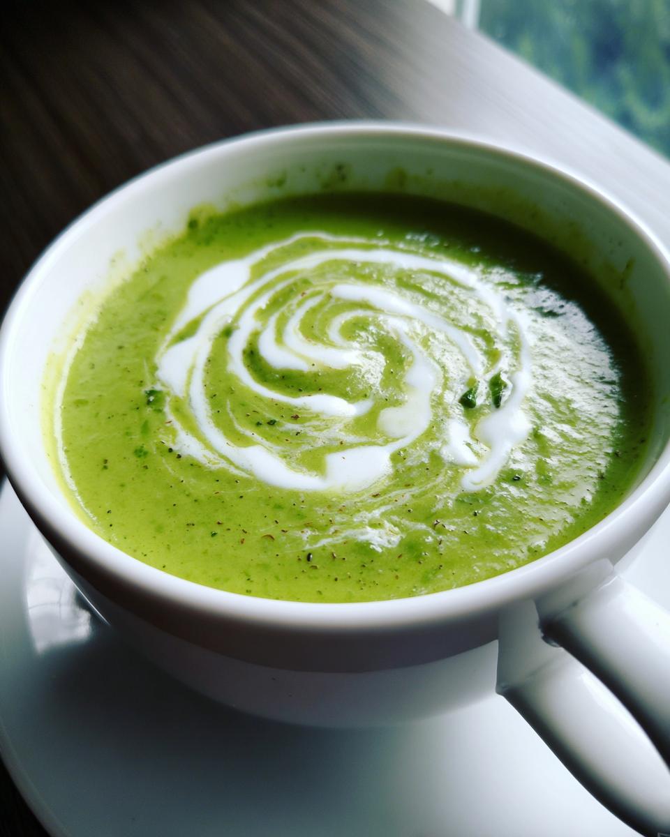 Close-up of a bowl of creamy asparagus soup, garnished with a swirl of cream.