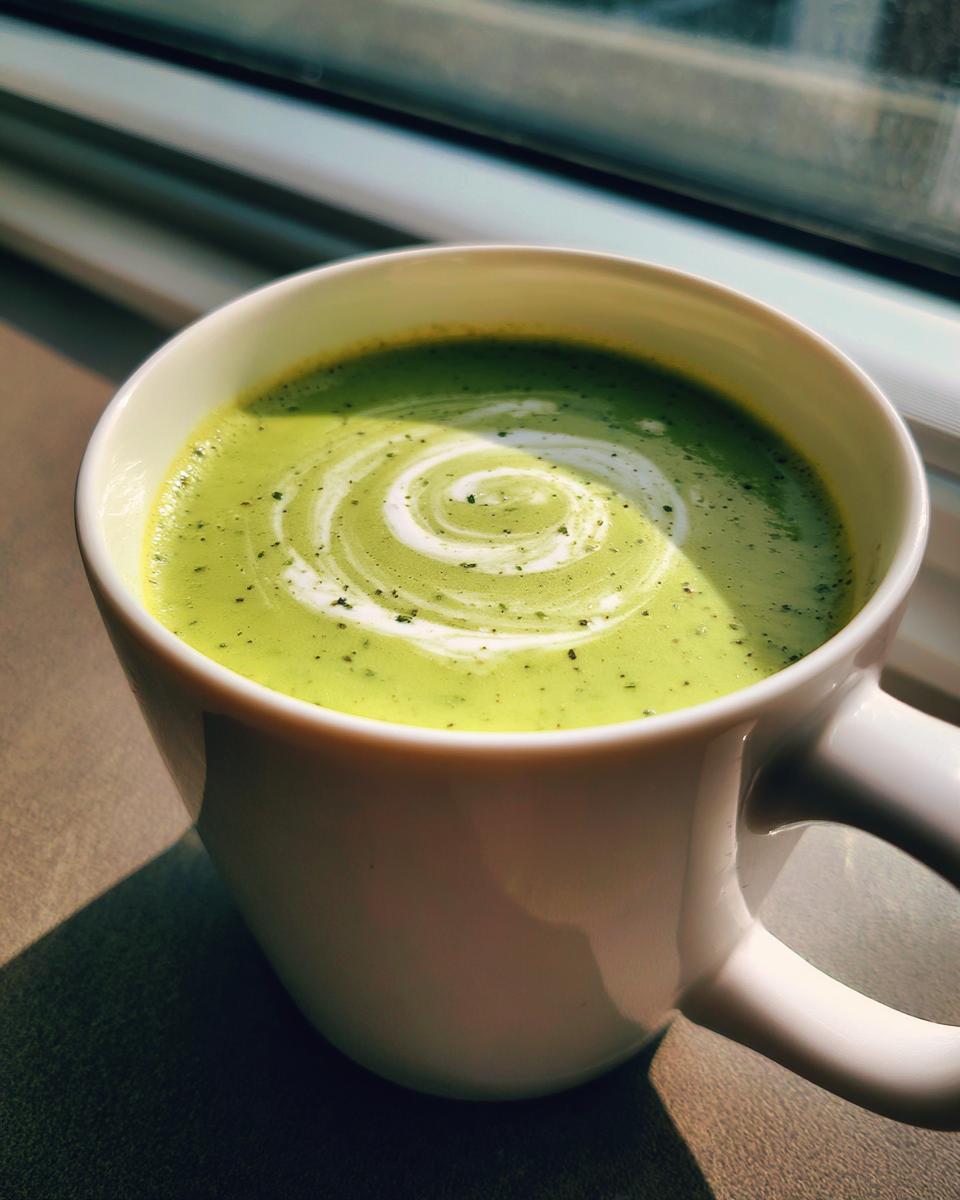 Close-up of a mug filled with Creamy Asparagus Soup, garnished with a swirl of cream.