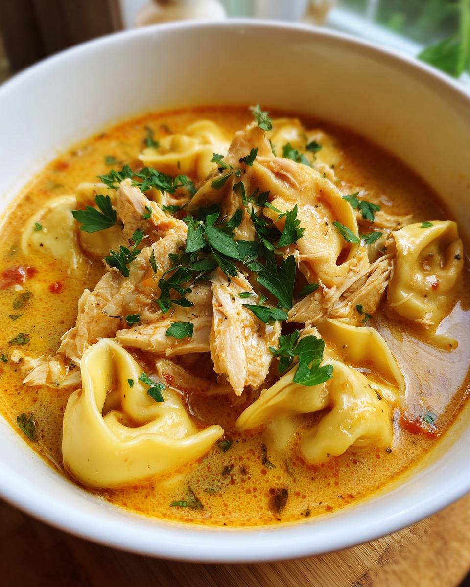 Close-up of a bowl of Creamy Chicken Tortellini Soup, garnished with fresh parsley.