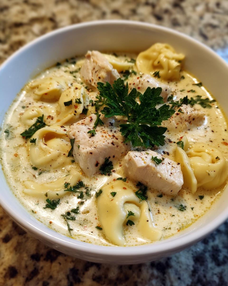 Close-up of a bowl of Creamy Chicken Tortellini Soup with chicken, tortellini, and herbs.
