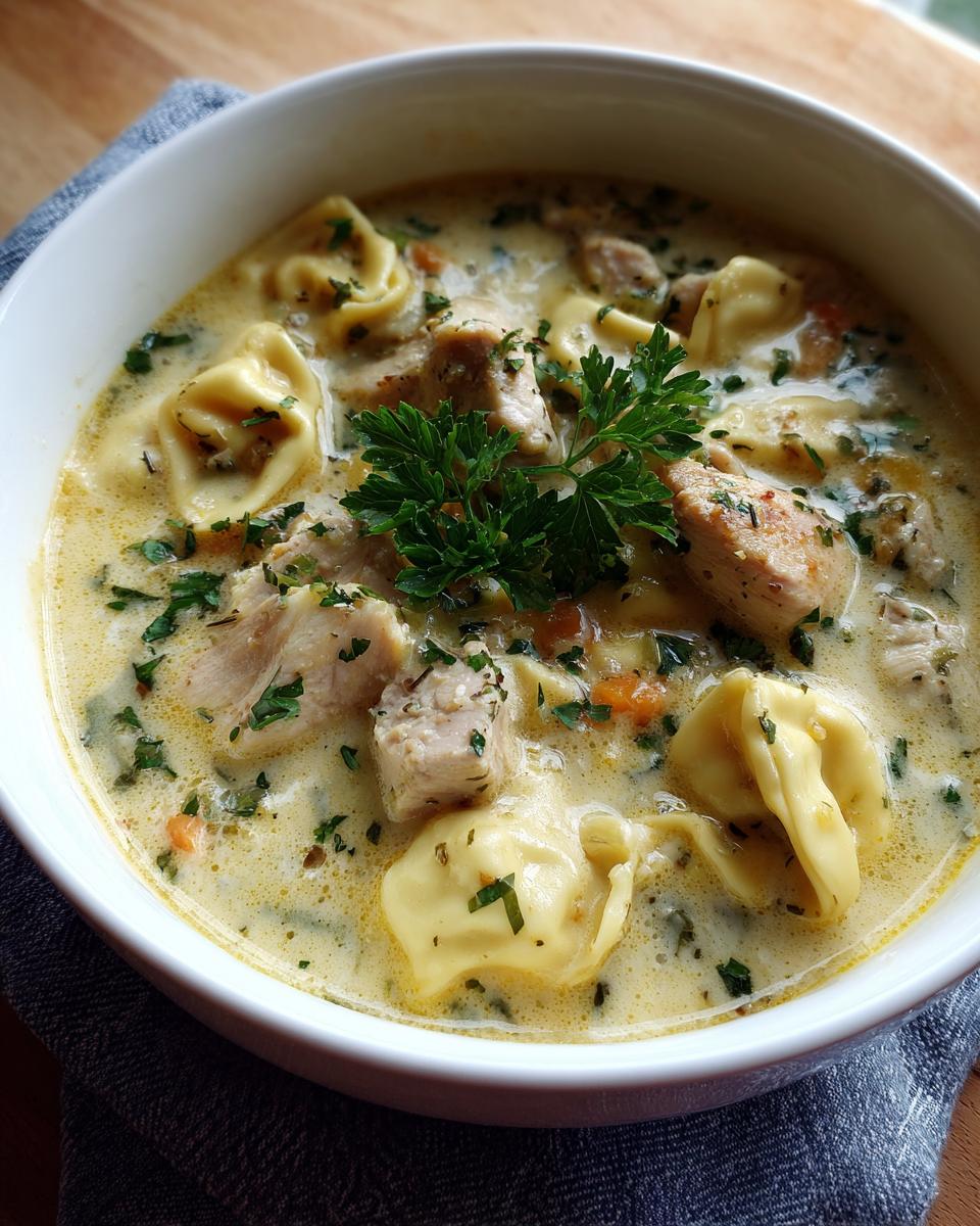 Close-up of a bowl of Creamy Chicken Tortellini Soup with chicken, tortellini, and parsley.