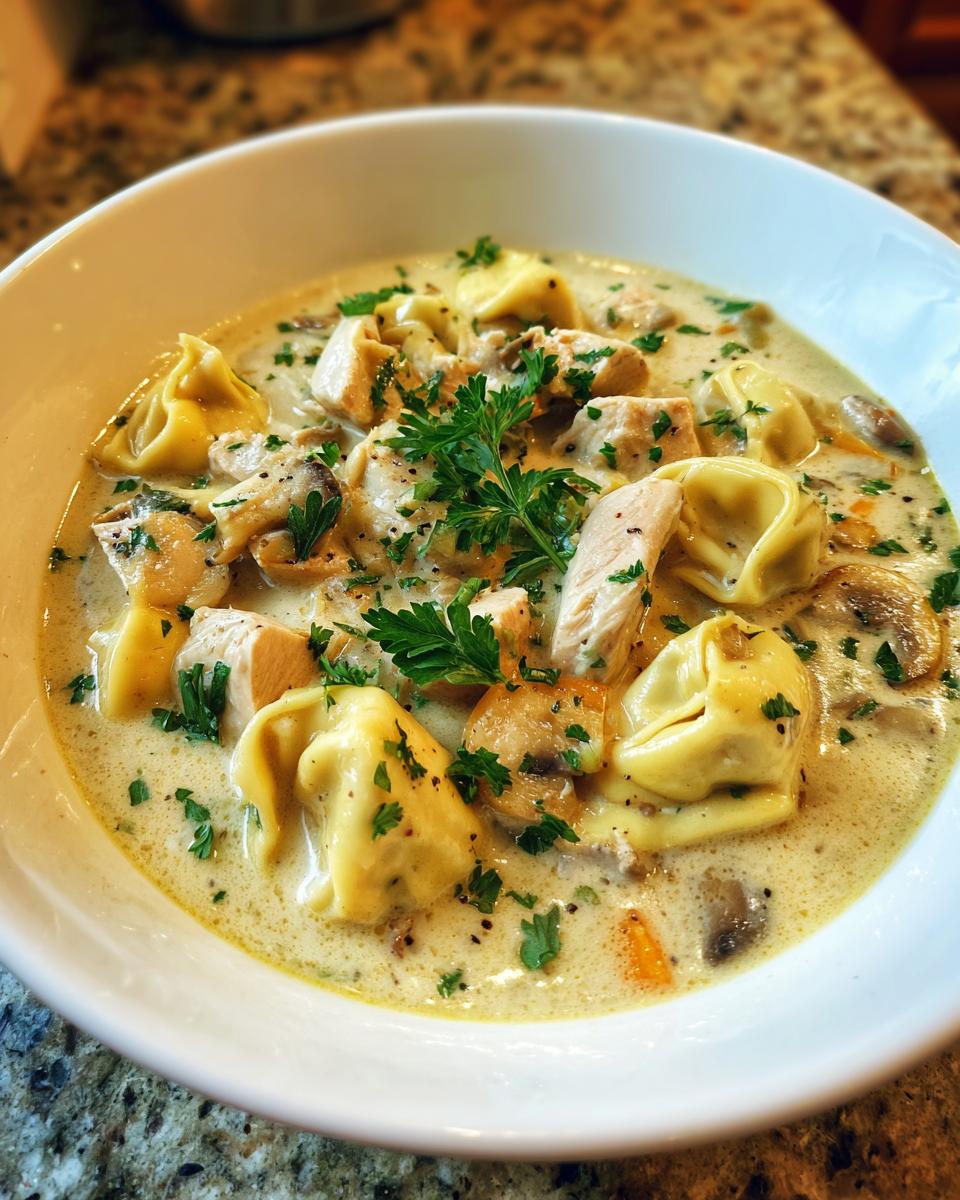 Close-up of a bowl of Creamy Chicken Tortellini Soup, with chicken, tortellini, and vegetables.