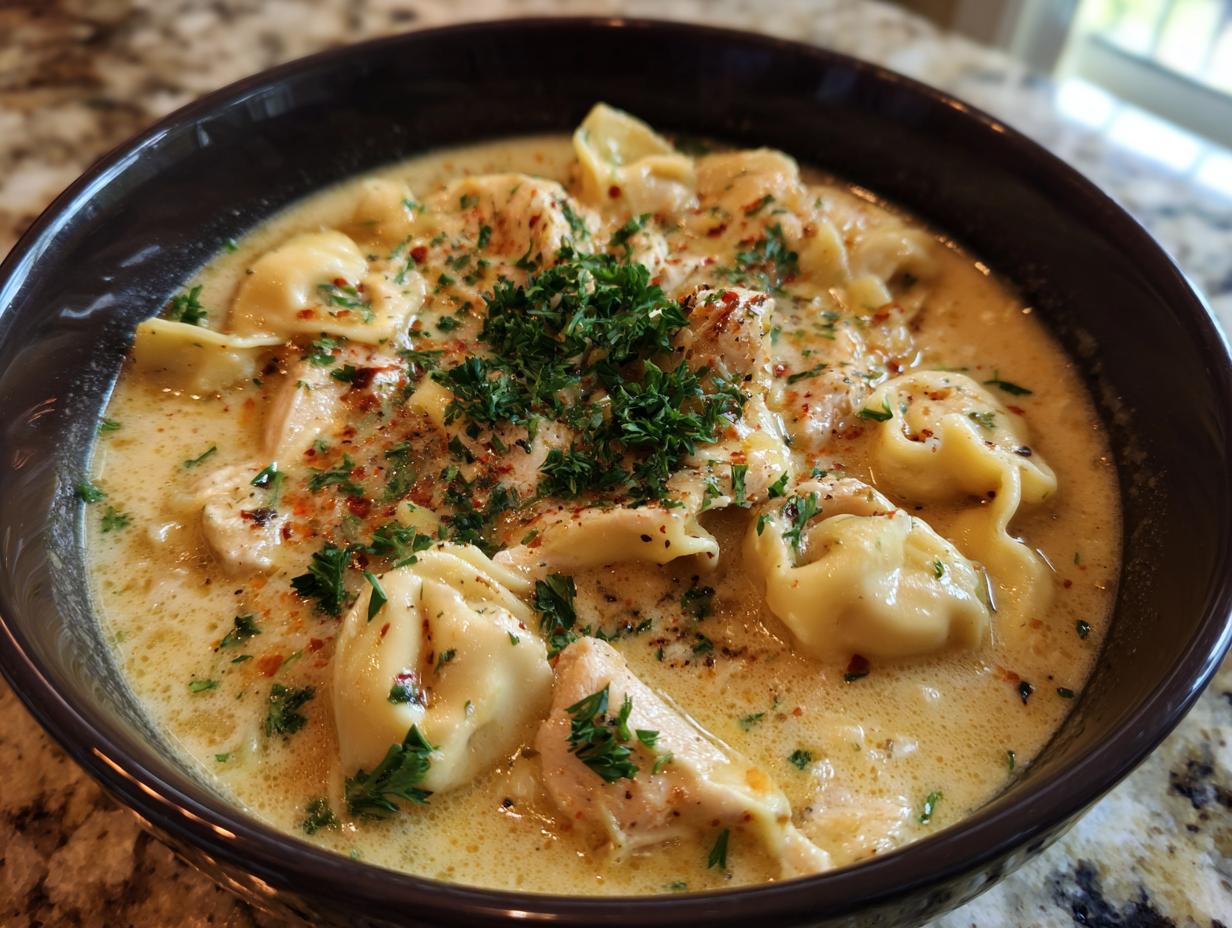 Close-up of a bowl of Creamy Chicken Tortellini Soup, garnished with herbs and spices.