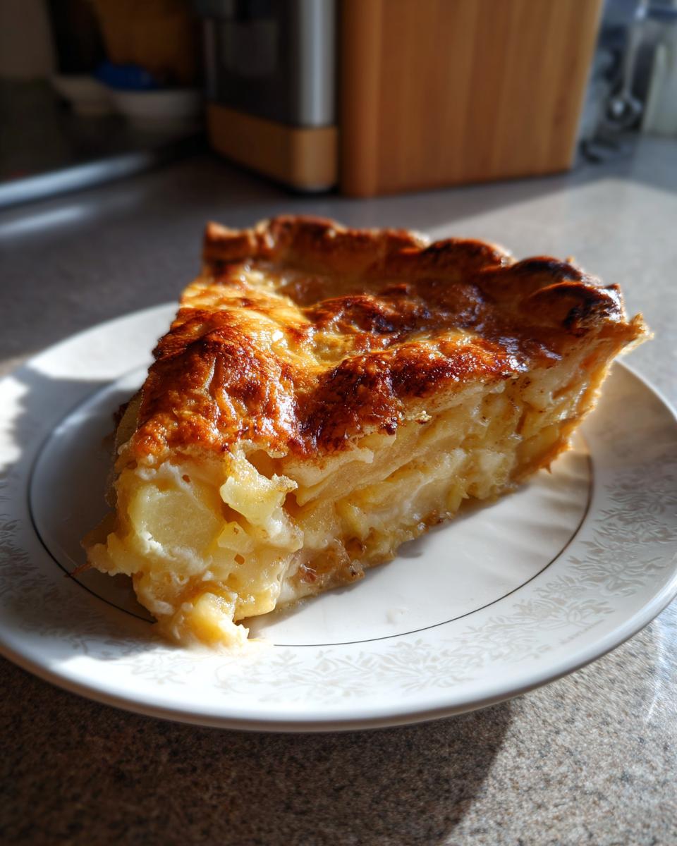 A slice of Creamy Leek and Potato Pie on a plate, showing the creamy filling and golden crust.