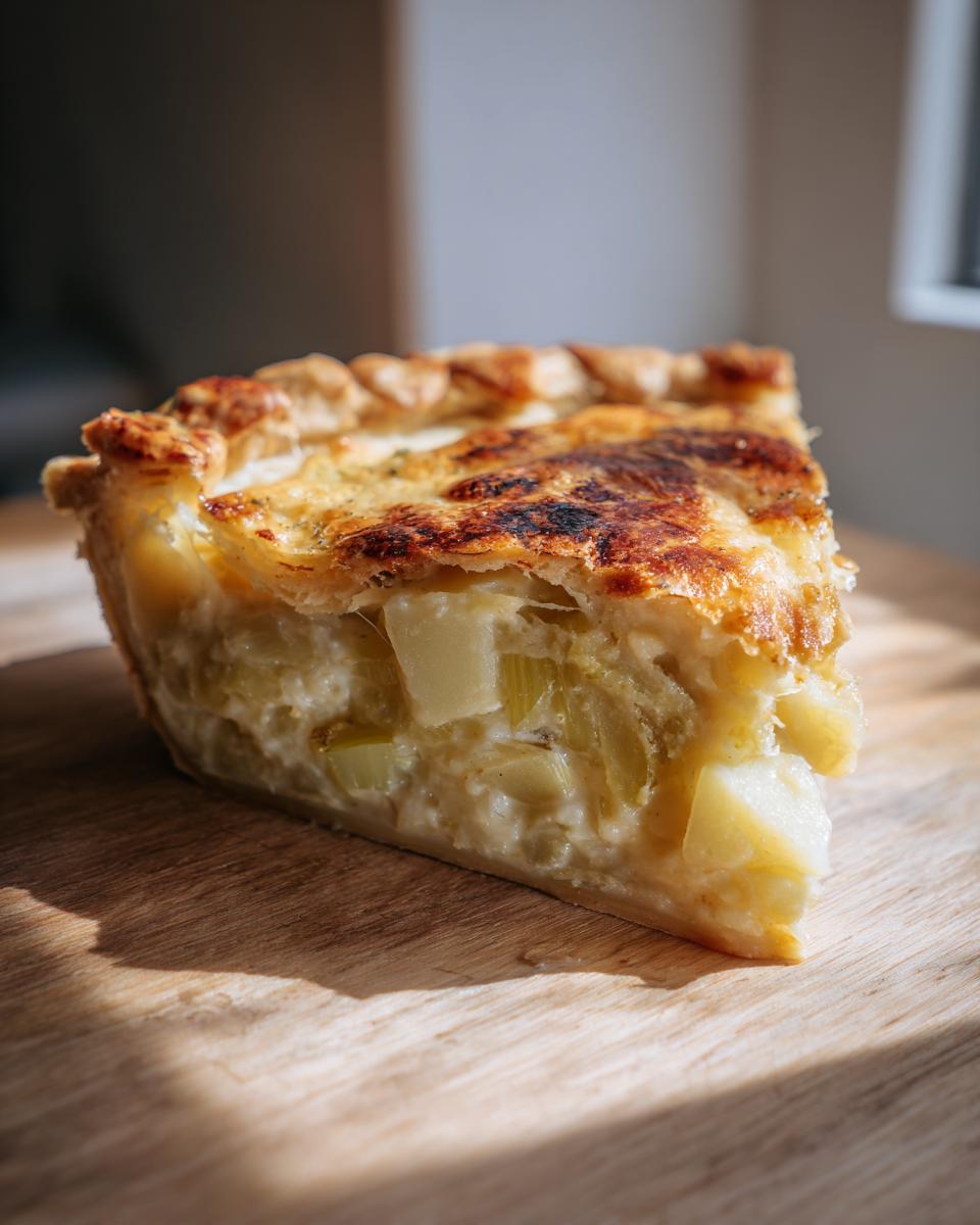 A slice of Creamy Leek and Potato Pie on a wooden board, showcasing the creamy filling and golden crust.