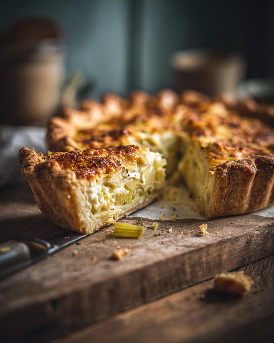 A slice of Creamy Leek and Potato Pie on a wooden board, showing the filling.