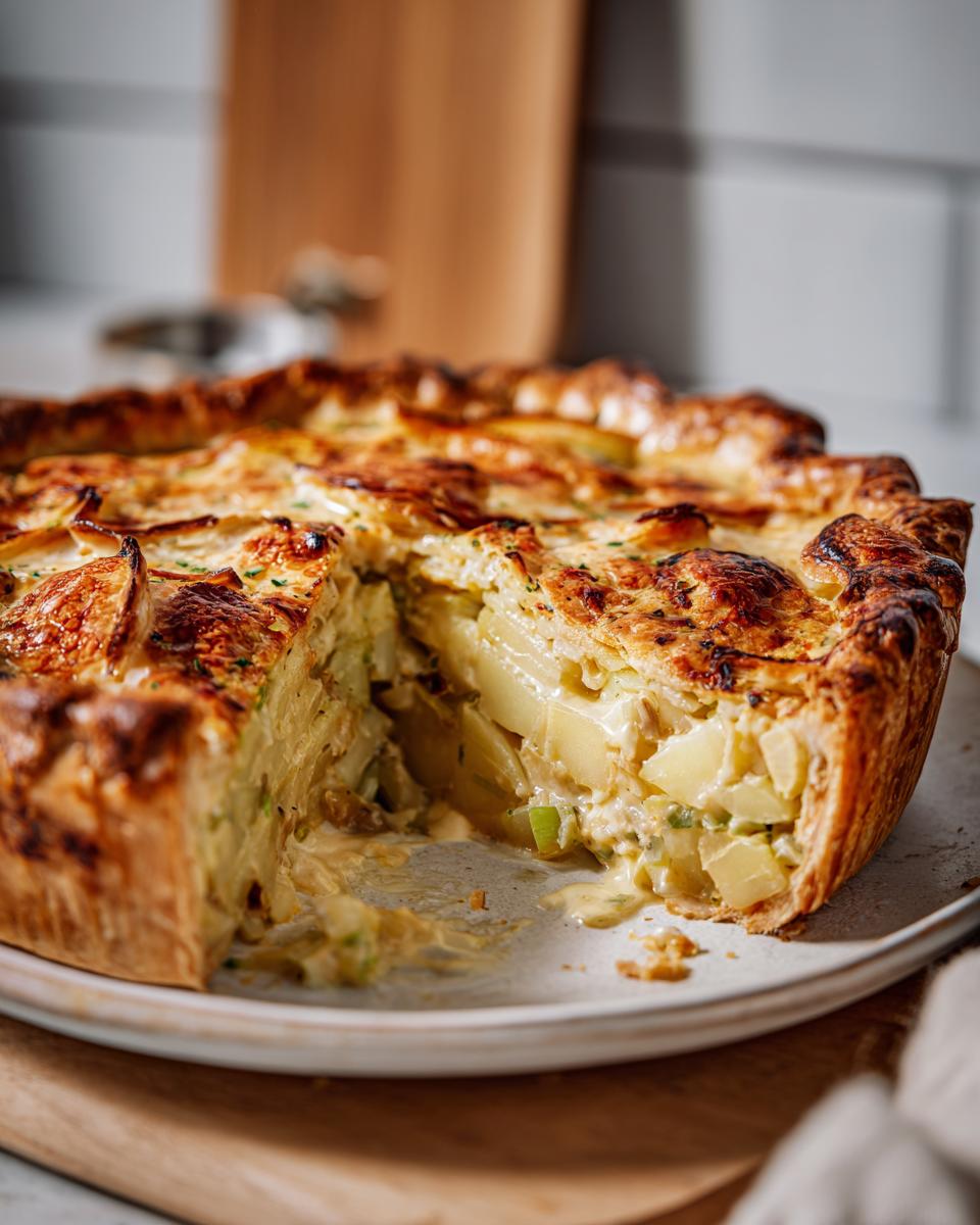 A slice of Creamy Leek and Potato Pie, showing the creamy filling and potato layers.