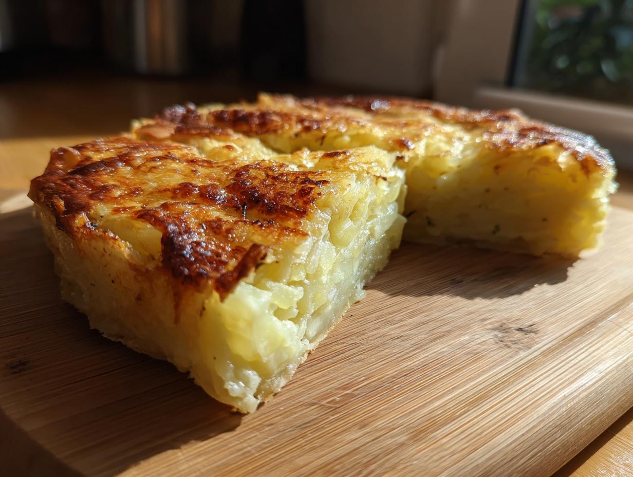 A slice of Creamy Leek and Potato Pie on a wooden board, showing the layers and texture.