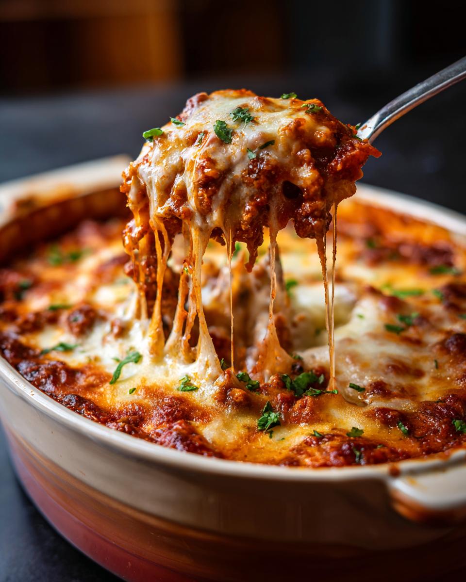 Close-up of baked Easy Lasagna Soup with melted cheese being lifted by a spoon.