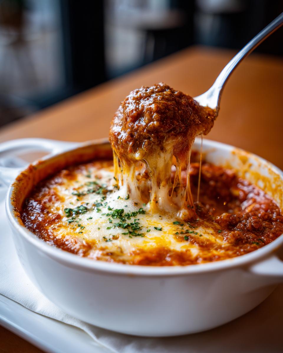 Close-up of Easy Lasagna Soup with a meatball being lifted from the bowl, showing melted cheese.