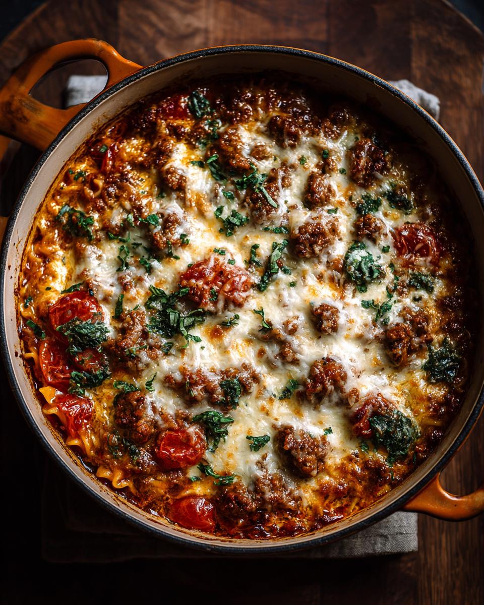 Overhead shot of a pot of Easy Lasagna Soup with cheese, meat, and tomatoes.