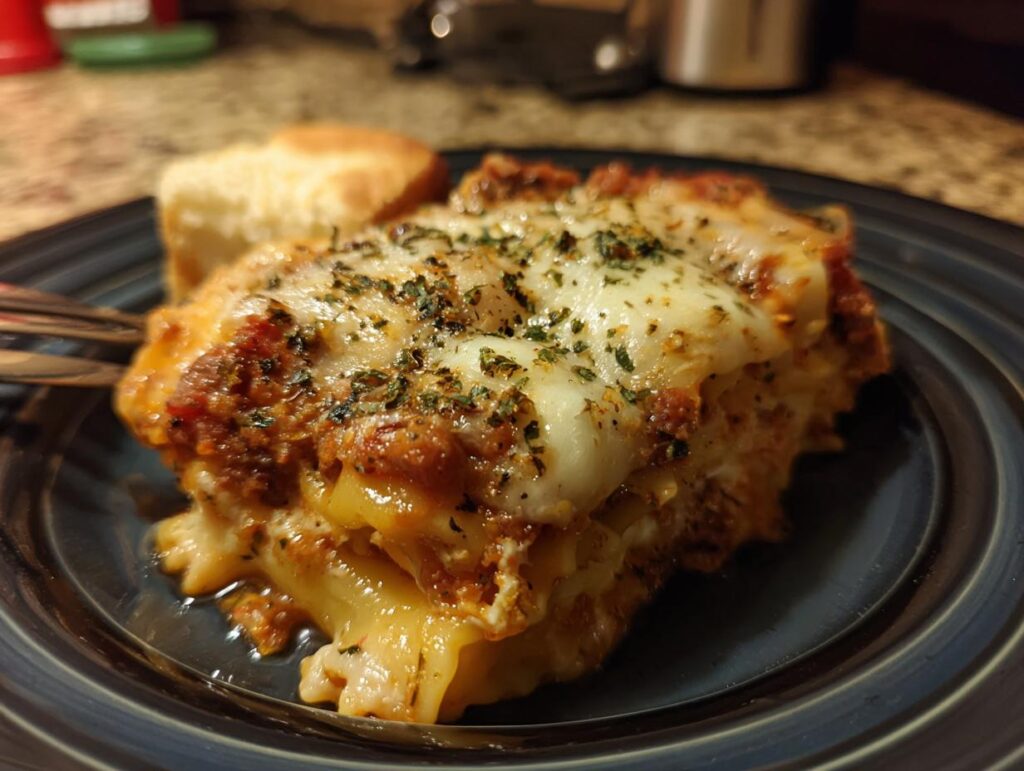 Close-up of a slice of lasagna served on a plate, with a side of bread. This is an Easy Lasagna Soup Recipe.