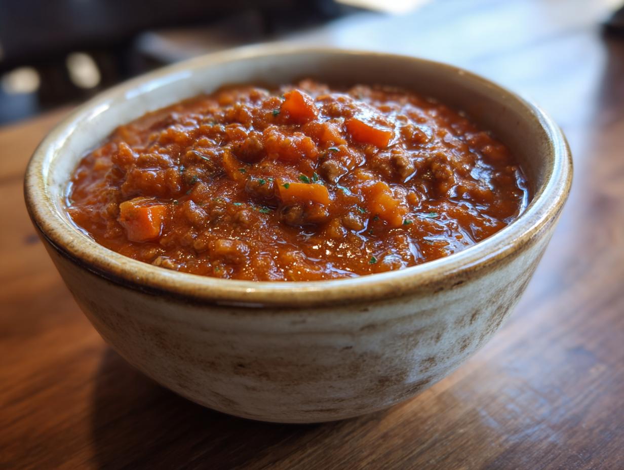 Close-up of a bowl filled with Easy Stuffed Pepper Soup, with visible vegetables and meat.