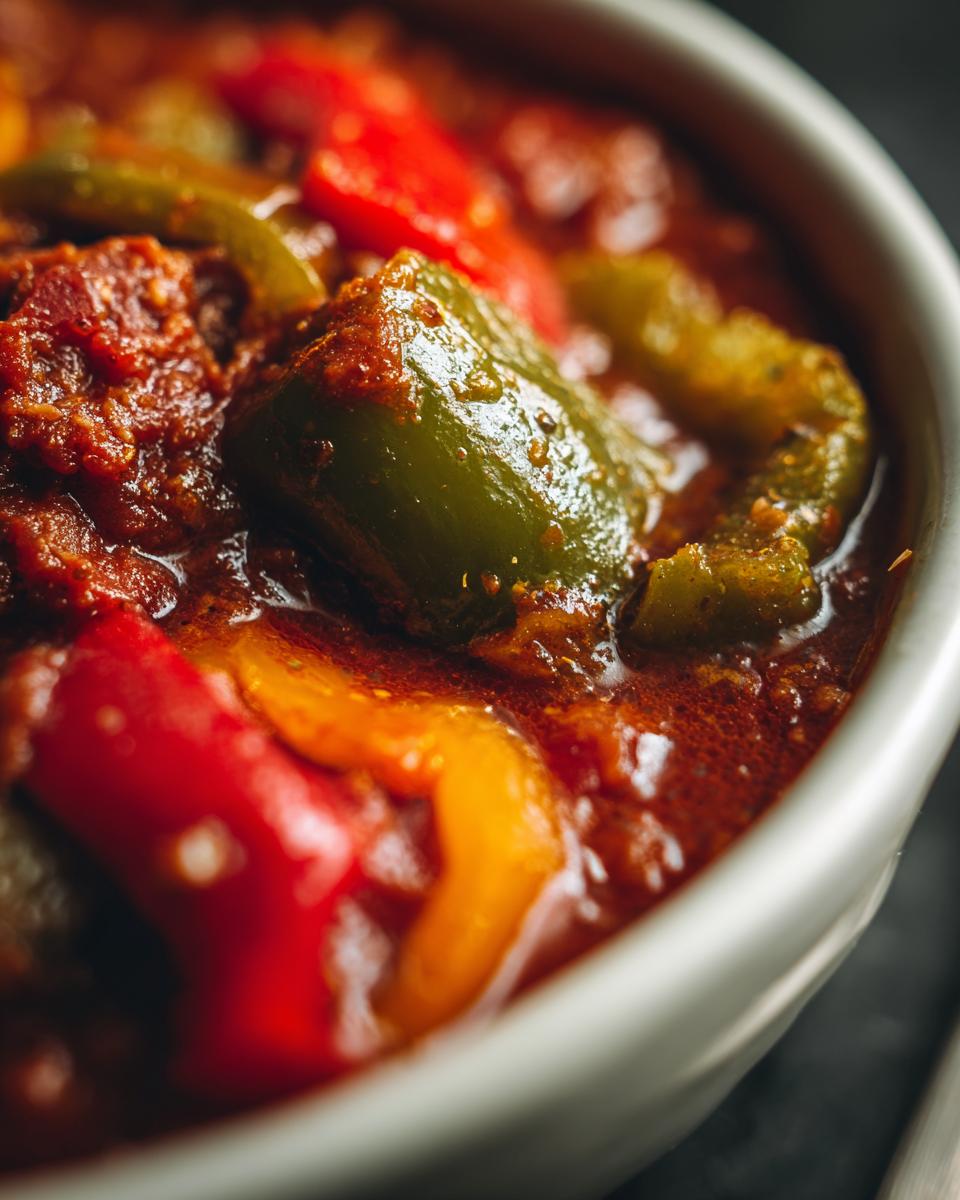 Close-up of a bowl of Easy Stuffed Pepper Soup with colorful bell peppers and rich broth.