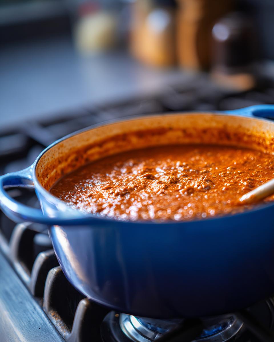 Close-up of Easy Stuffed Pepper Soup simmering in a blue pot on a stovetop.