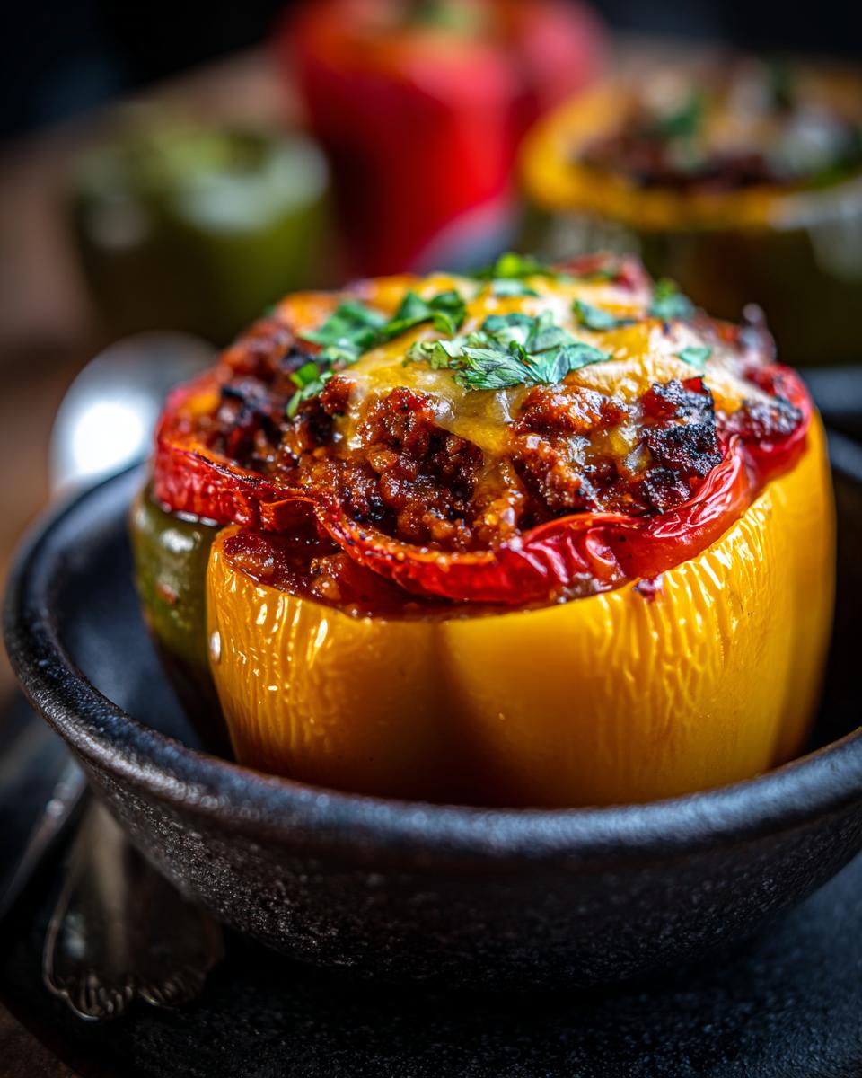 Close-up of a stuffed pepper in a bowl, a component of Easy Stuffed Pepper Soup, with melted cheese and herbs.
