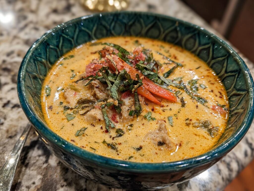 Close-up of a bowl of Easy Thai Chicken Curry Soup, garnished with fresh herbs and red peppers.