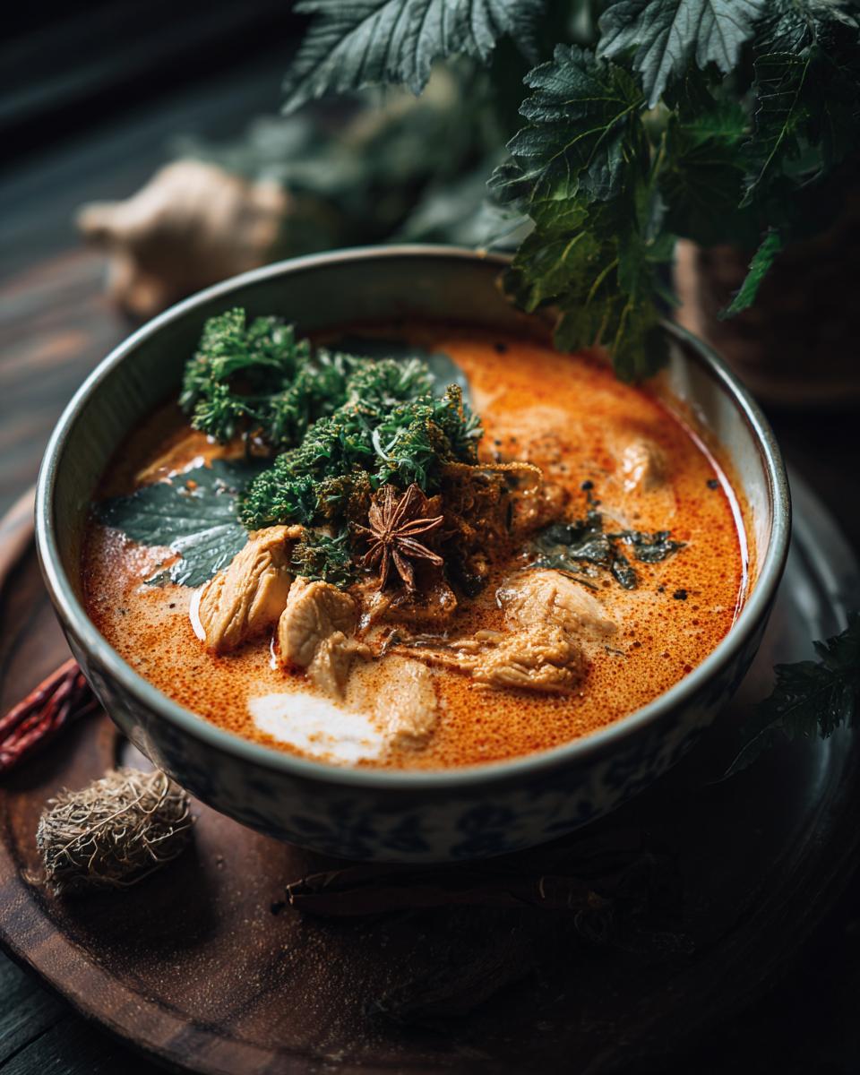 Close-up of a bowl of Easy Thai Chicken Curry Soup, garnished with herbs and spices.