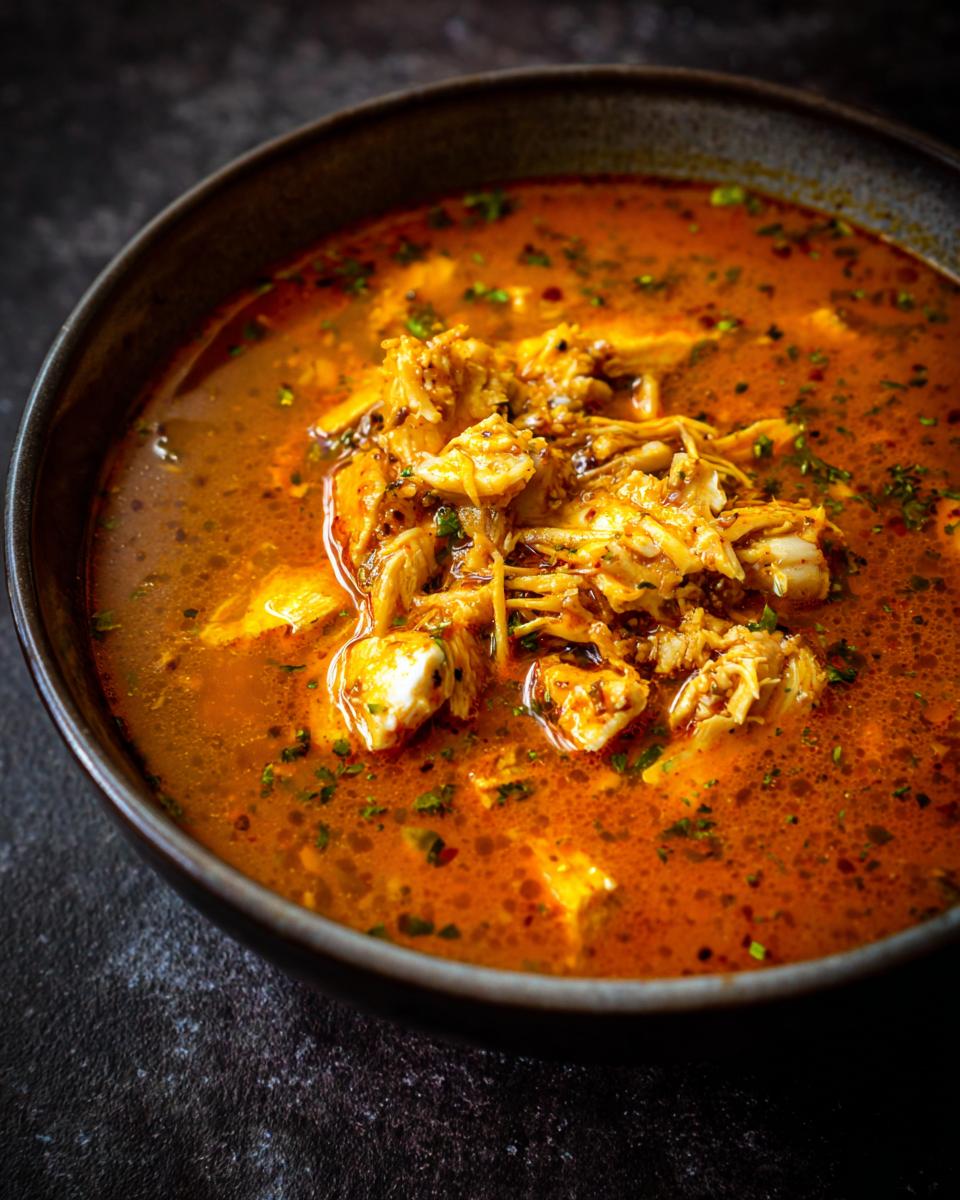 Close-up of a bowl of Easy Thai Chicken Curry Soup with chicken and herbs.