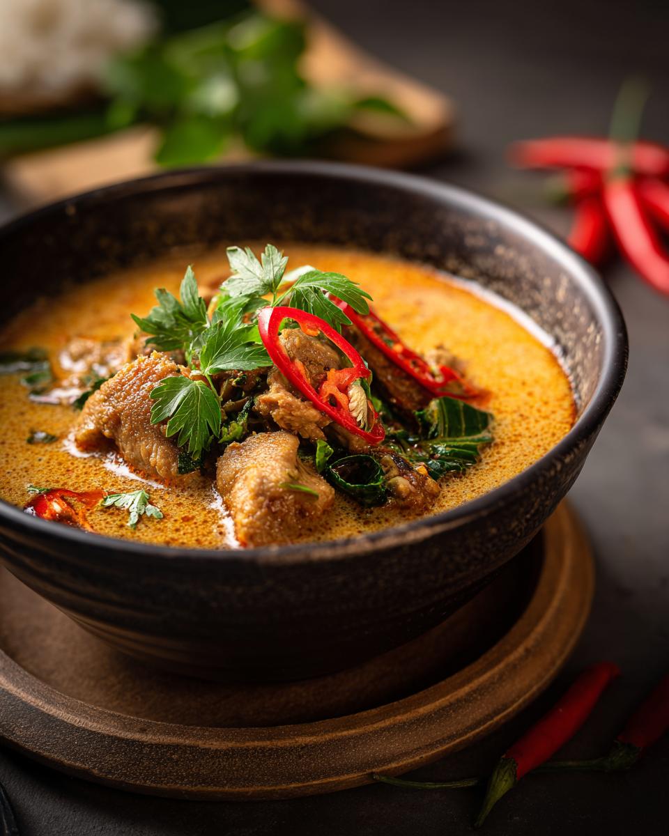 Close-up of a bowl of Easy Thai Chicken Curry Soup, garnished with herbs and chili.
